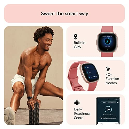 Man exercising with smartwatch features like built-in GPS and exercise modes.