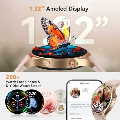 Smartwatch with 1.32 inch AMOLED display and customizable watch faces