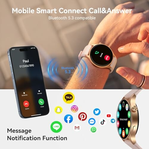 Smartwatch displaying call from mobile phone with notification icons